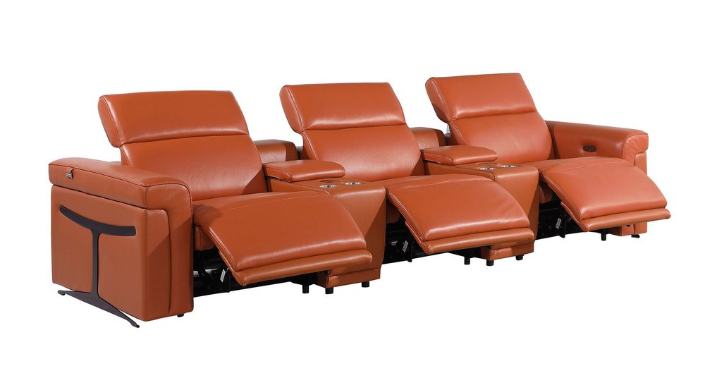 126" Beige Italian Leather Reclining USB and Wireless Charger Sofa And Storage