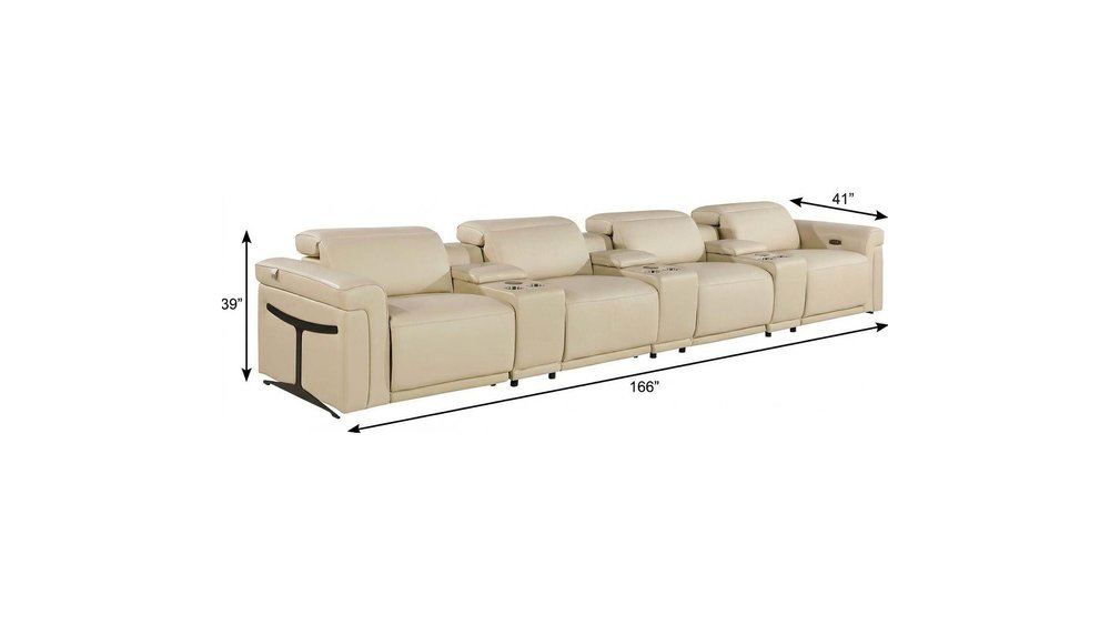 166" Beige Italian Leather Reclining USB Sofa And Storage