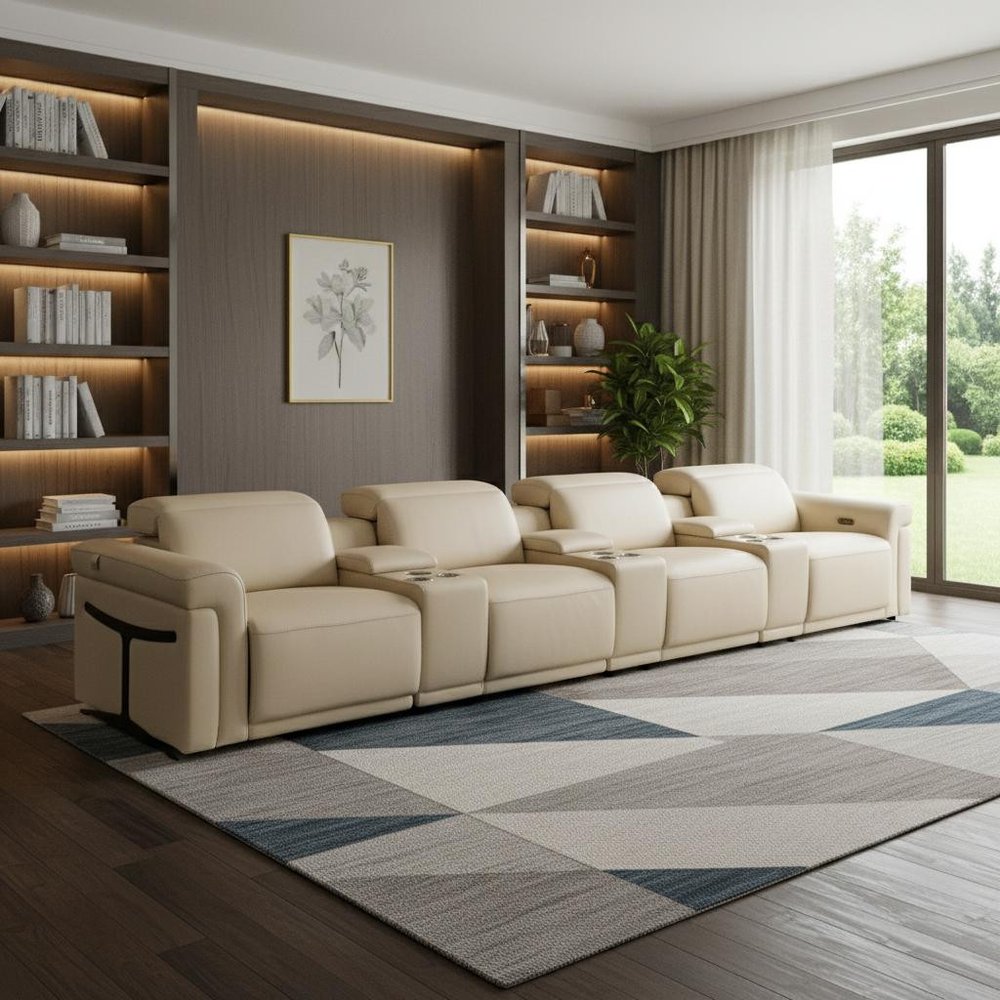 166" Beige Italian Leather Reclining USB Sofa And Storage