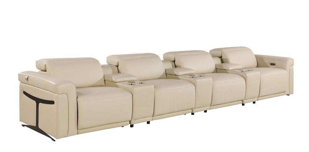 166" Beige Italian Leather Reclining USB Sofa And Storage