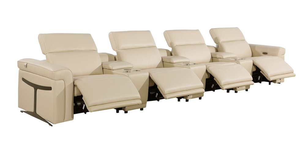 166" Beige Italian Leather Reclining USB Sofa And Storage