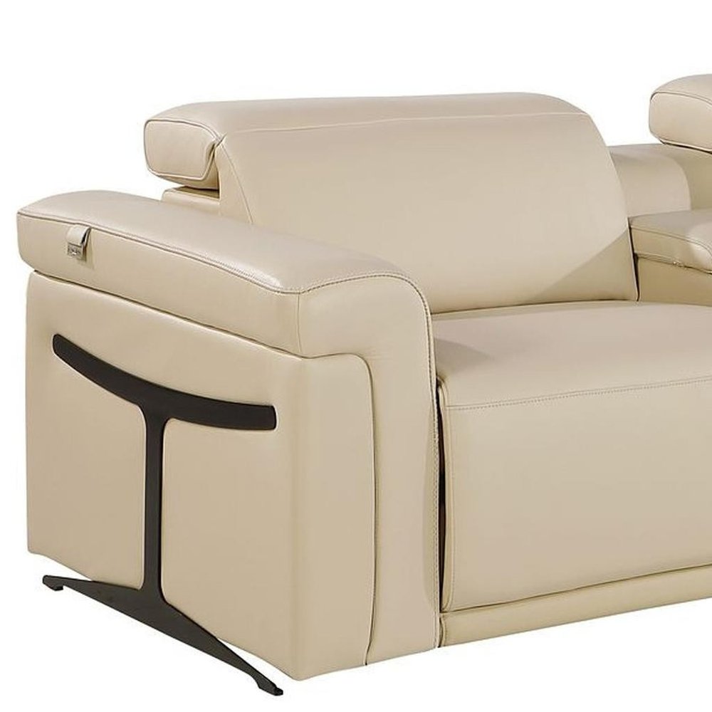 166" Beige Italian Leather Reclining USB Sofa And Storage