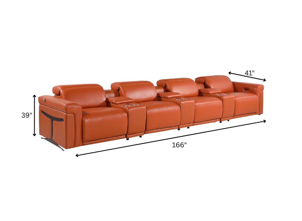 166" Beige Italian Leather Reclining USB Sofa And Storage