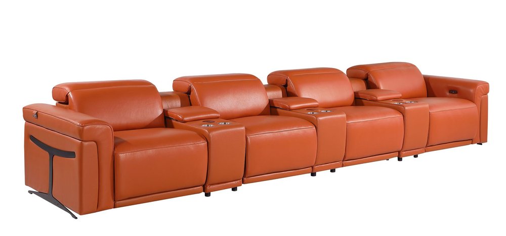 166" Beige Italian Leather Reclining USB Sofa And Storage
