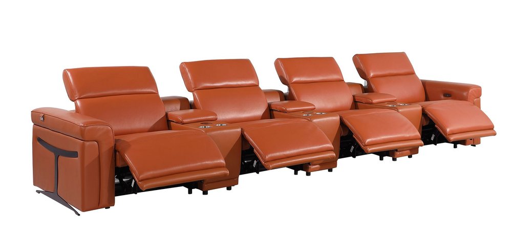 166" Beige Italian Leather Reclining USB Sofa And Storage