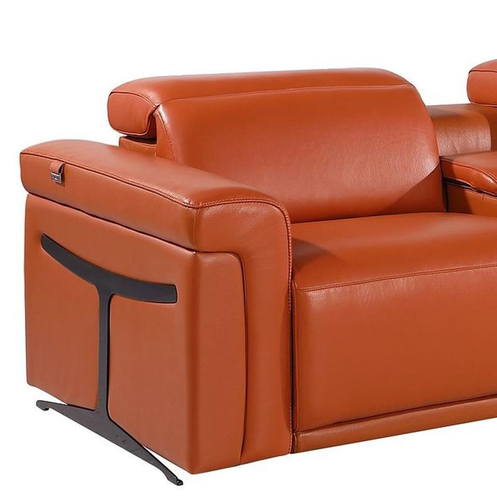 166" Beige Italian Leather Reclining USB Sofa And Storage