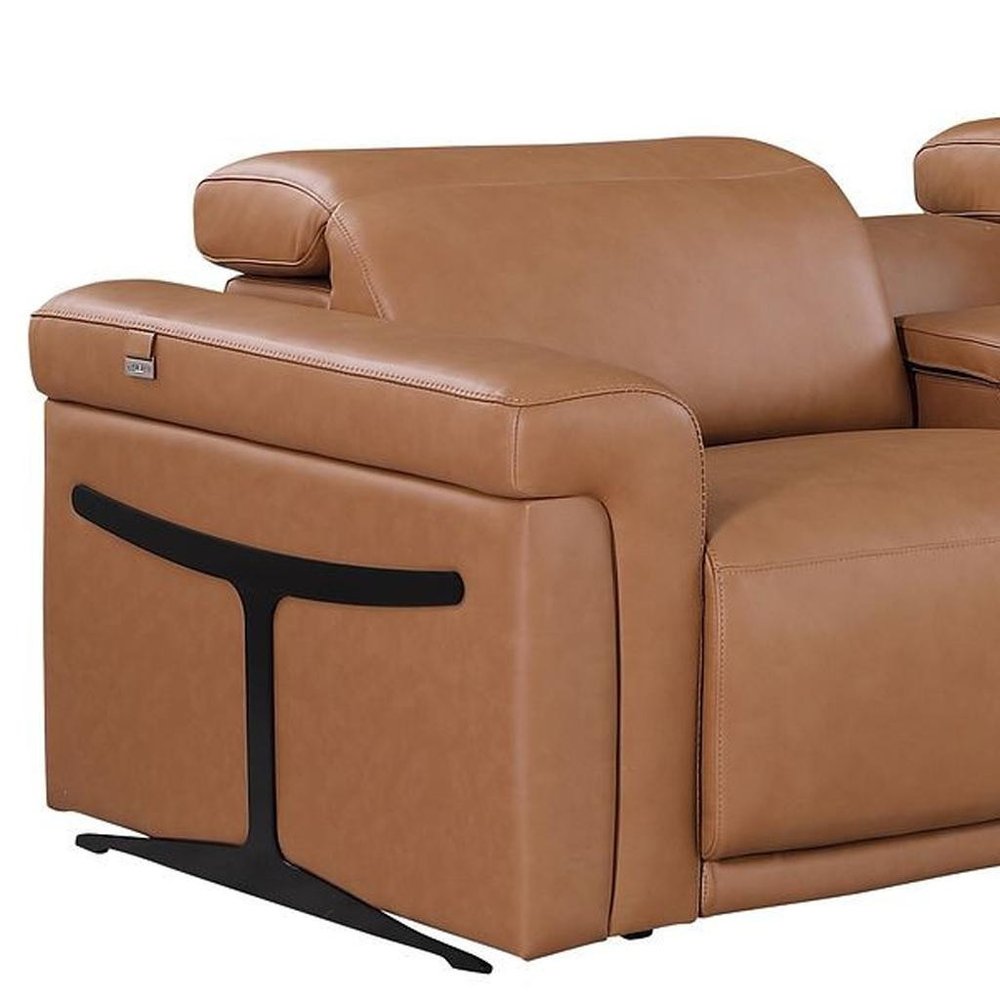 166" Beige Italian Leather Reclining USB Sofa And Storage