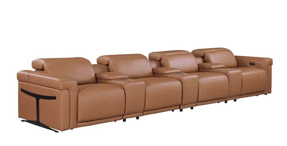 166" Beige Italian Leather Reclining USB Sofa And Storage