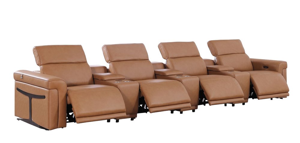 166" Beige Italian Leather Reclining USB Sofa And Storage