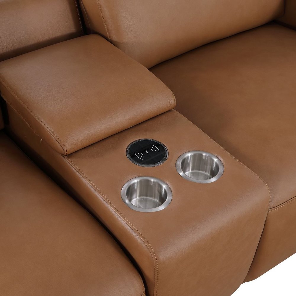 166" Beige Italian Leather Reclining USB Sofa And Storage