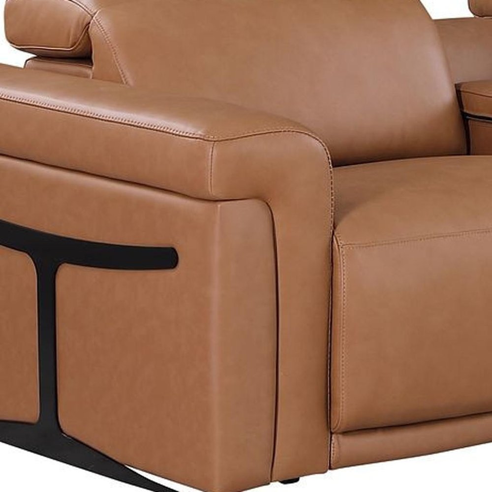 166" Beige Italian Leather Reclining USB Sofa And Storage