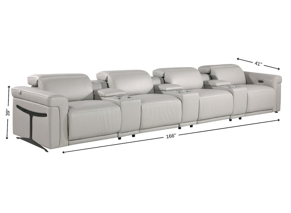 166" Beige Italian Leather Reclining USB Sofa And Storage