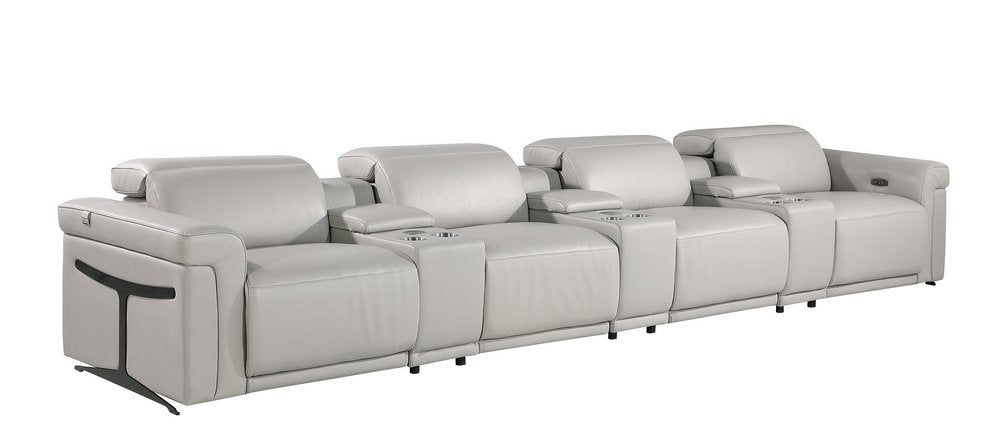 166" Beige Italian Leather Reclining USB Sofa And Storage