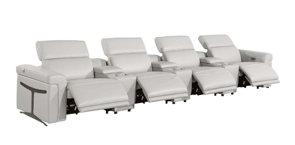 166" Beige Italian Leather Reclining USB Sofa And Storage