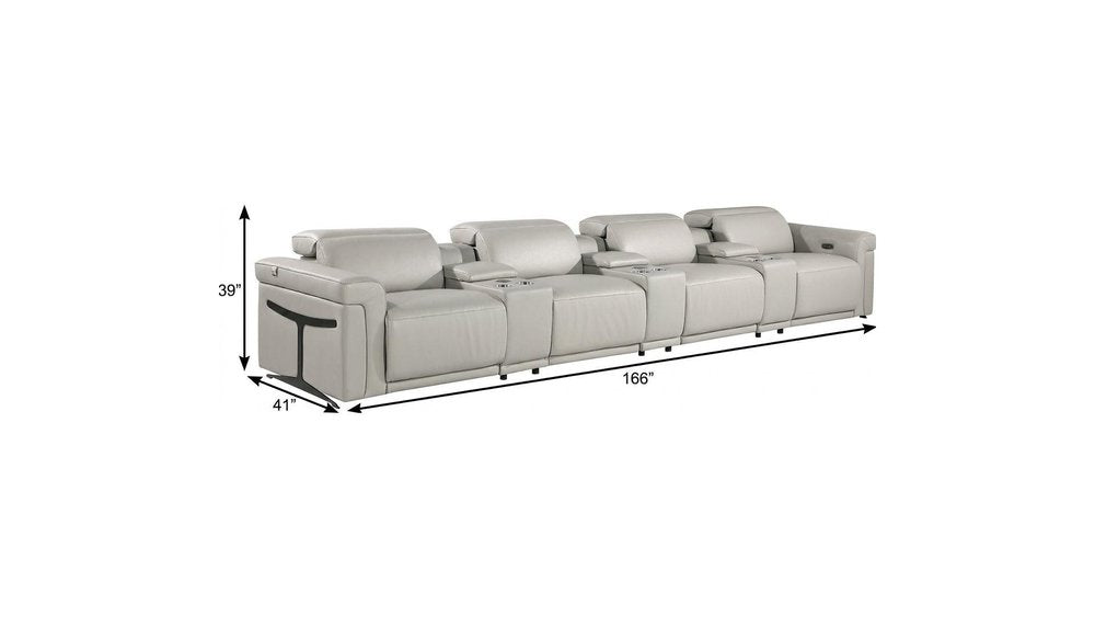166" Beige Italian Leather Reclining USB Sofa And Storage