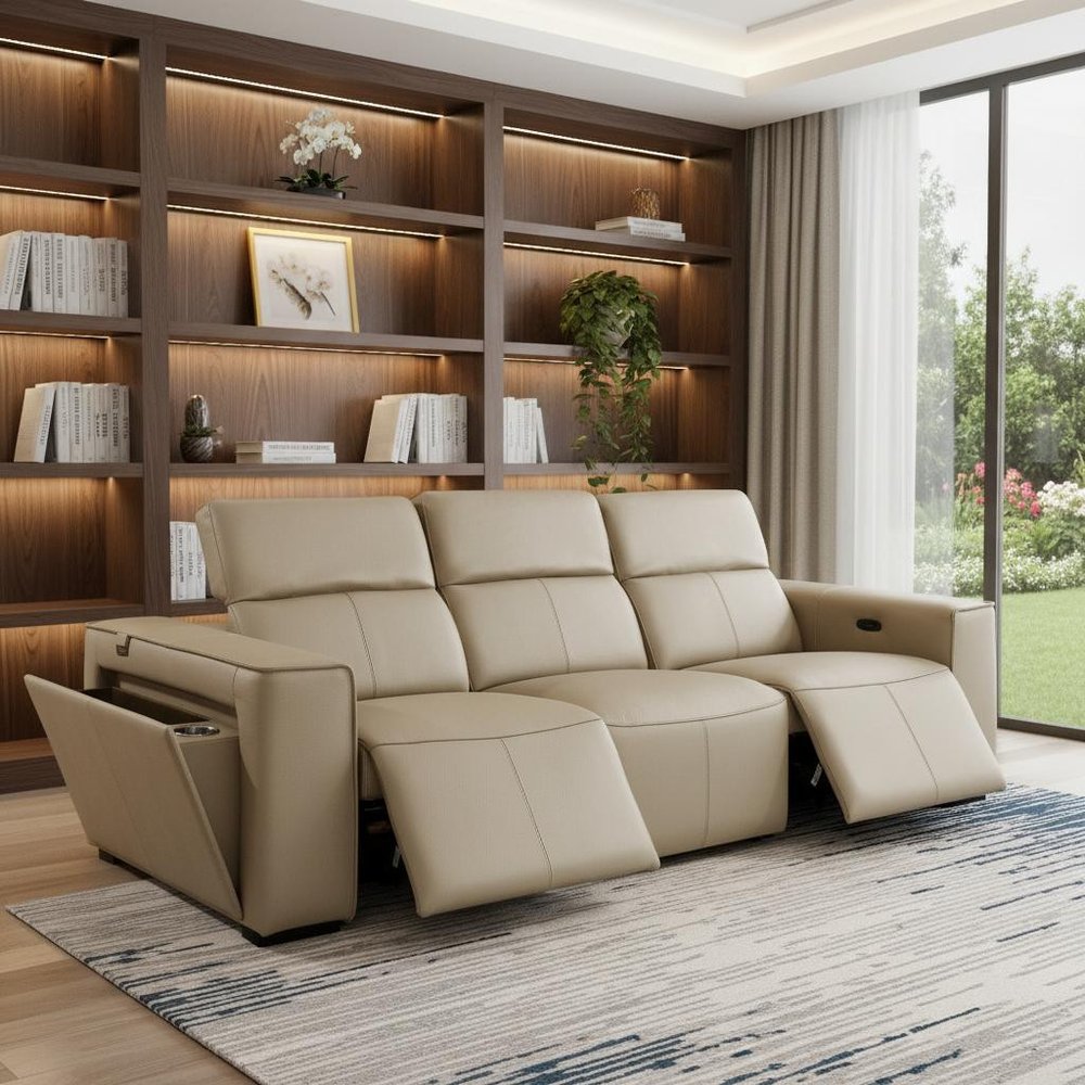 104" Camel Italian Leather Reclining USB Sofa And Storage
