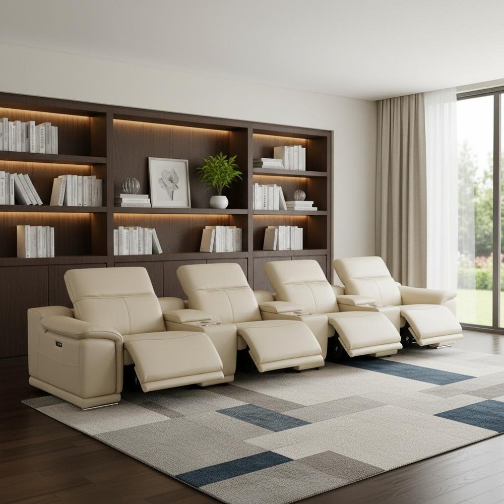 175" Beige Italian Leather Reclining USB and Wireless Charger Sofa And Storage
