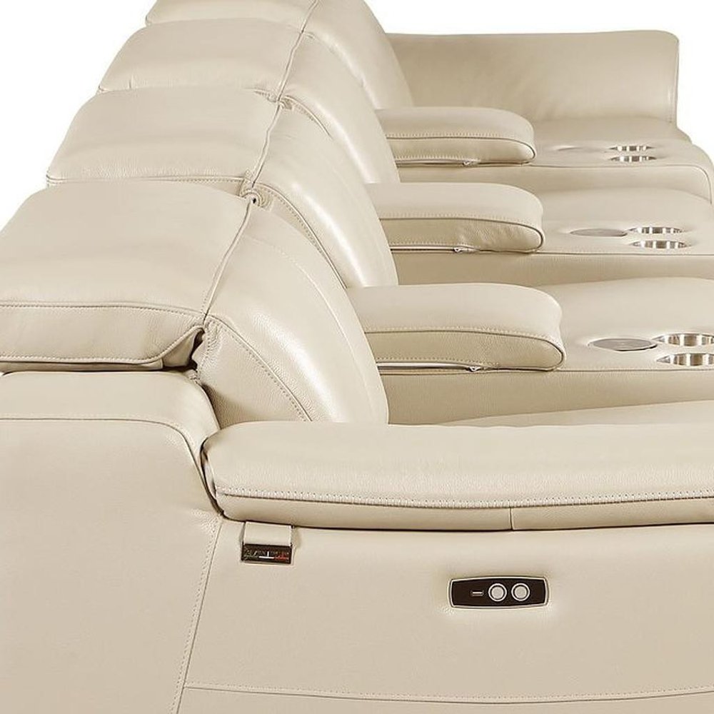 175" Beige Italian Leather Reclining USB and Wireless Charger Sofa And Storage
