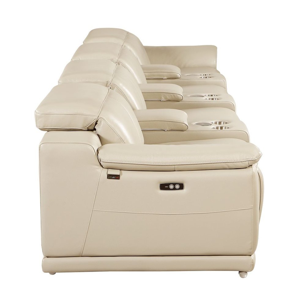175" Beige Italian Leather Reclining USB and Wireless Charger Sofa And Storage