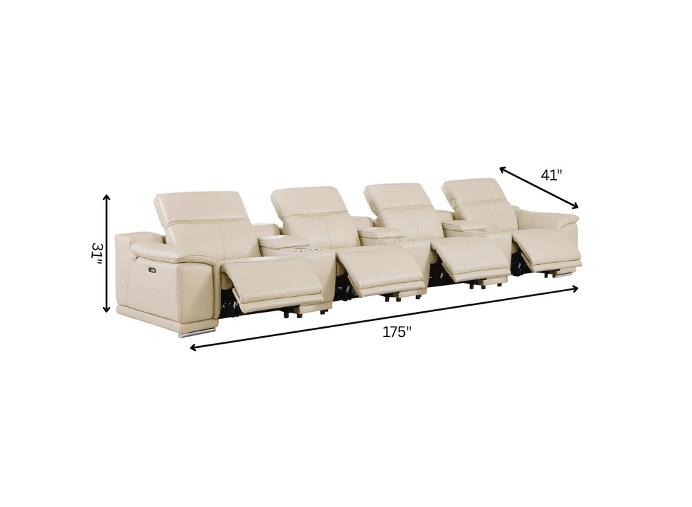 175" Beige Italian Leather Reclining USB and Wireless Charger Sofa And Storage