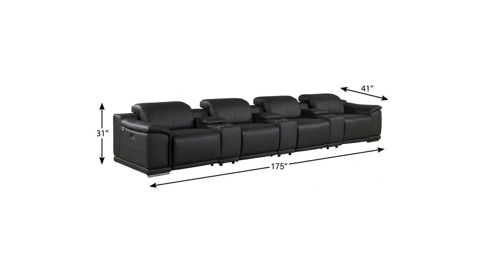 175" Beige Italian Leather Reclining USB and Wireless Charger Sofa And Storage
