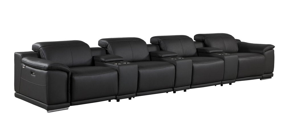 175" Beige Italian Leather Reclining USB and Wireless Charger Sofa And Storage