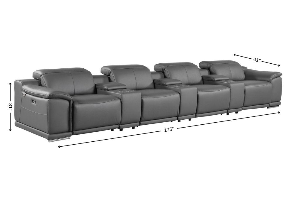 175" Beige Italian Leather Reclining USB and Wireless Charger Sofa And Storage