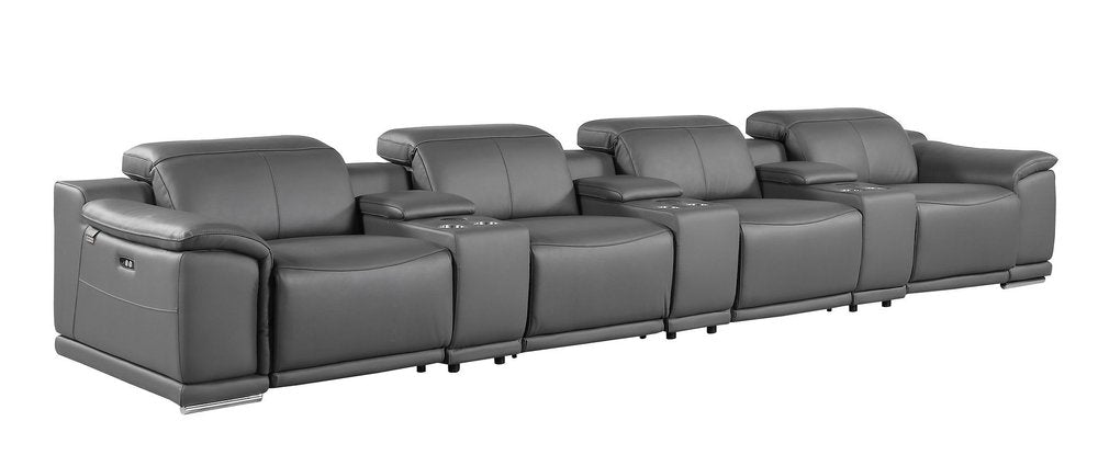175" Beige Italian Leather Reclining USB and Wireless Charger Sofa And Storage
