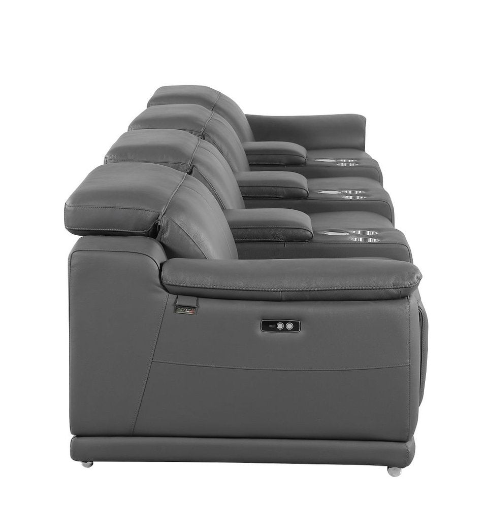 175" Beige Italian Leather Reclining USB and Wireless Charger Sofa And Storage
