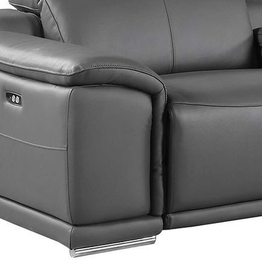175" Beige Italian Leather Reclining USB and Wireless Charger Sofa And Storage