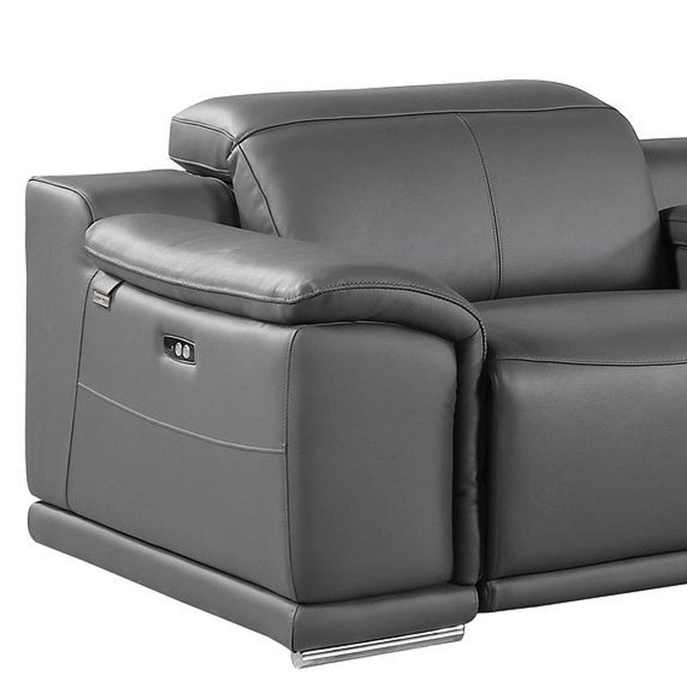 175" Beige Italian Leather Reclining USB and Wireless Charger Sofa And Storage