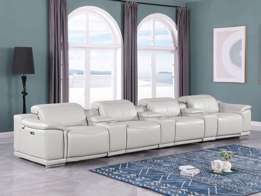 175" Beige Italian Leather Reclining USB and Wireless Charger Sofa And Storage