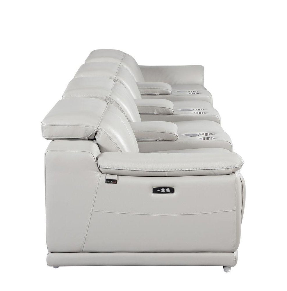175" Beige Italian Leather Reclining USB and Wireless Charger Sofa And Storage