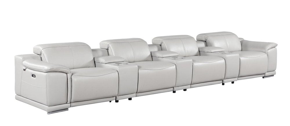 175" Beige Italian Leather Reclining USB and Wireless Charger Sofa And Storage