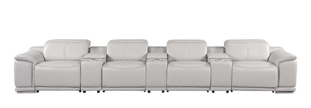 175" Beige Italian Leather Reclining USB and Wireless Charger Sofa And Storage