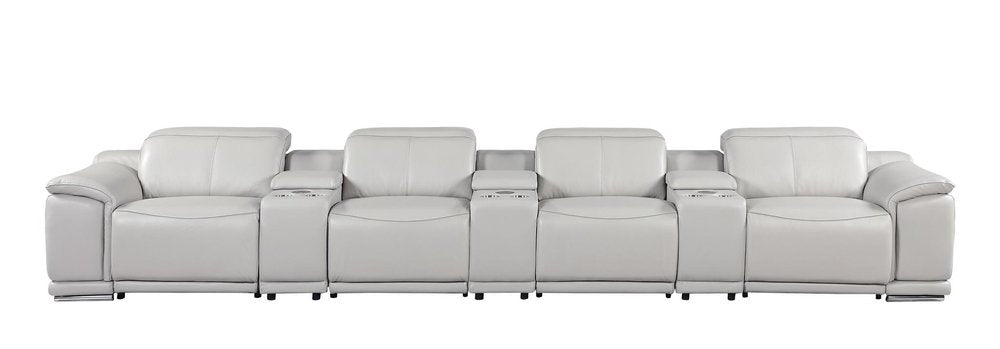 175" Beige Italian Leather Reclining USB and Wireless Charger Sofa And Storage