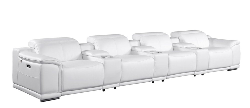 175" Beige Italian Leather Reclining USB and Wireless Charger Sofa And Storage