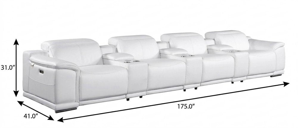 175" Beige Italian Leather Reclining USB and Wireless Charger Sofa And Storage