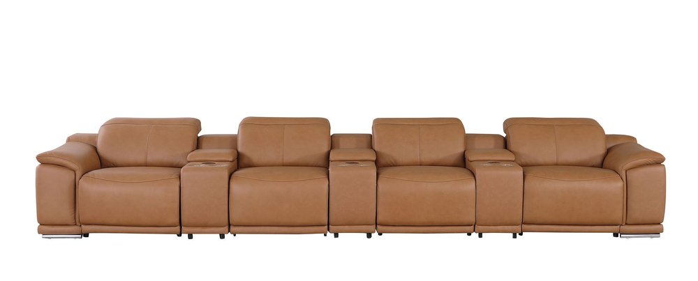 175" Beige Italian Leather Reclining USB and Wireless Charger Sofa And Storage