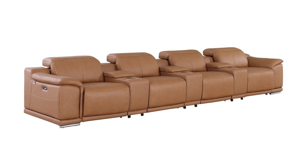 175" Beige Italian Leather Reclining USB and Wireless Charger Sofa And Storage