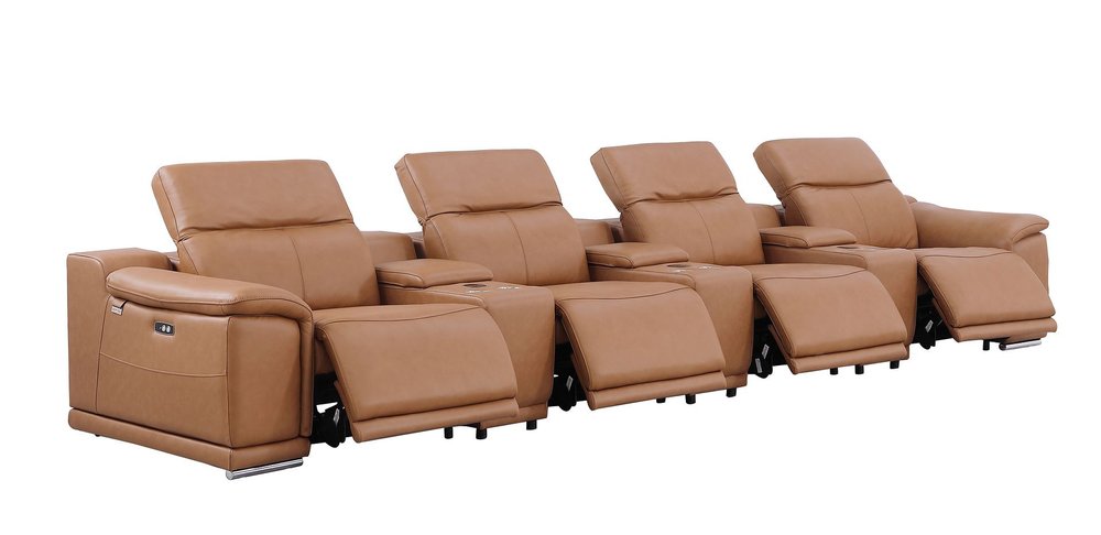 175" Beige Italian Leather Reclining USB and Wireless Charger Sofa And Storage