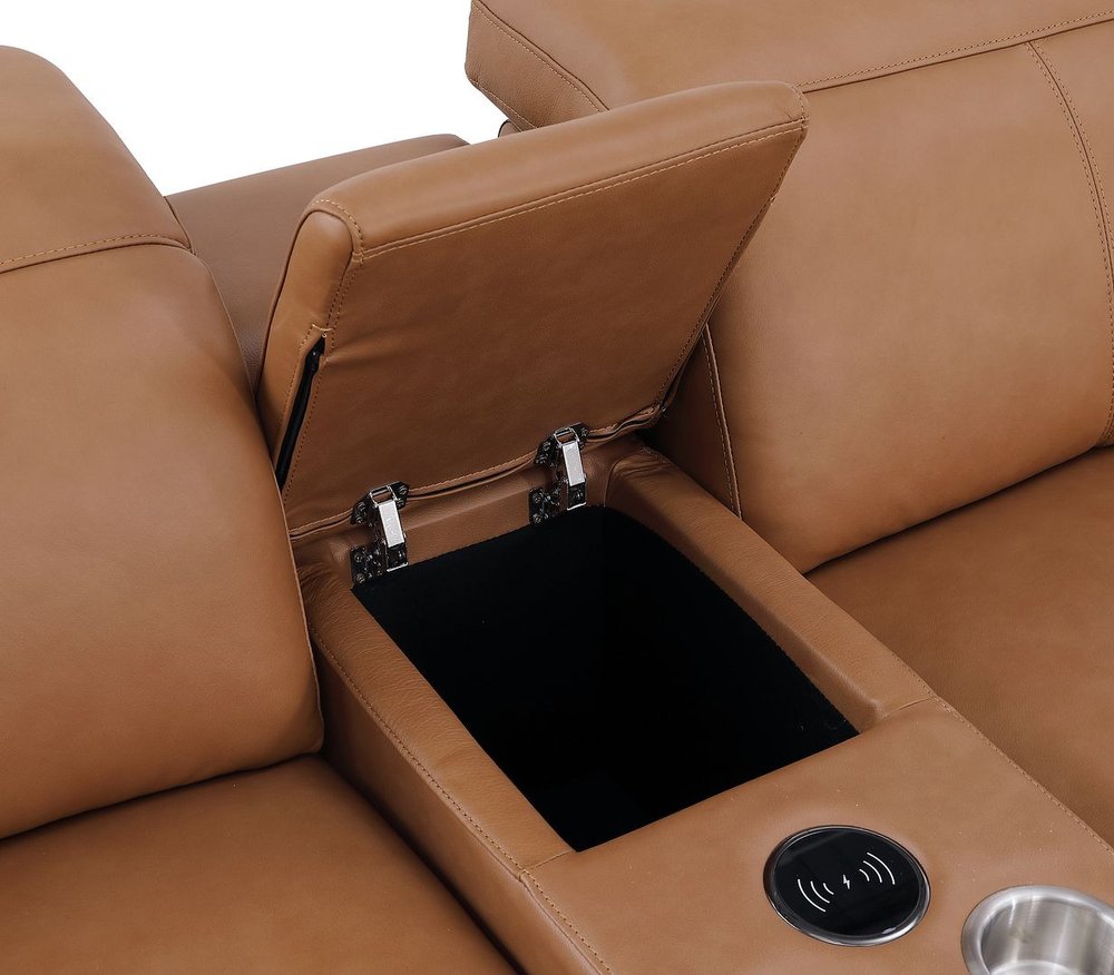 175" Beige Italian Leather Reclining USB and Wireless Charger Sofa And Storage