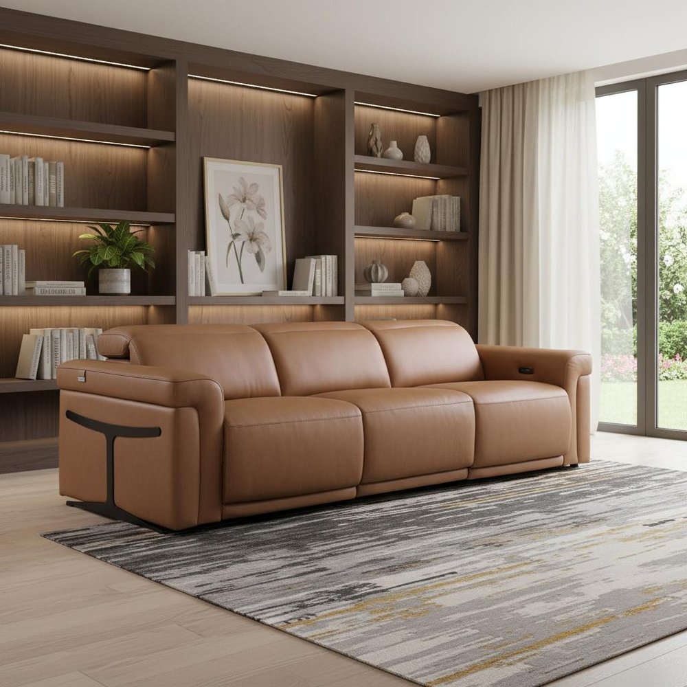 100" Beige Italian Leather Reclining USB Sofa
