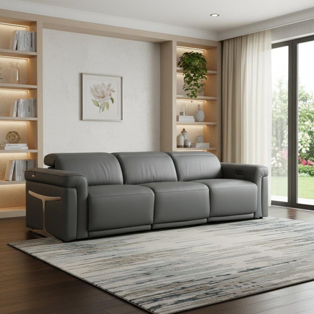 100" Beige Italian Leather Reclining USB Sofa