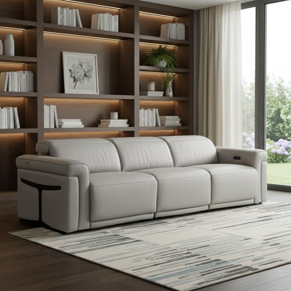 100" Beige Italian Leather Reclining USB Sofa