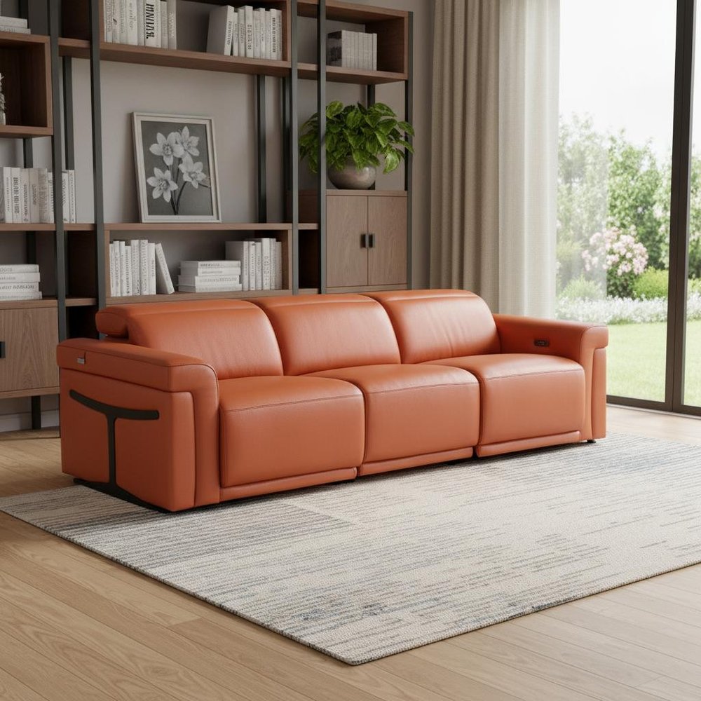 100" Beige Italian Leather Reclining USB Sofa