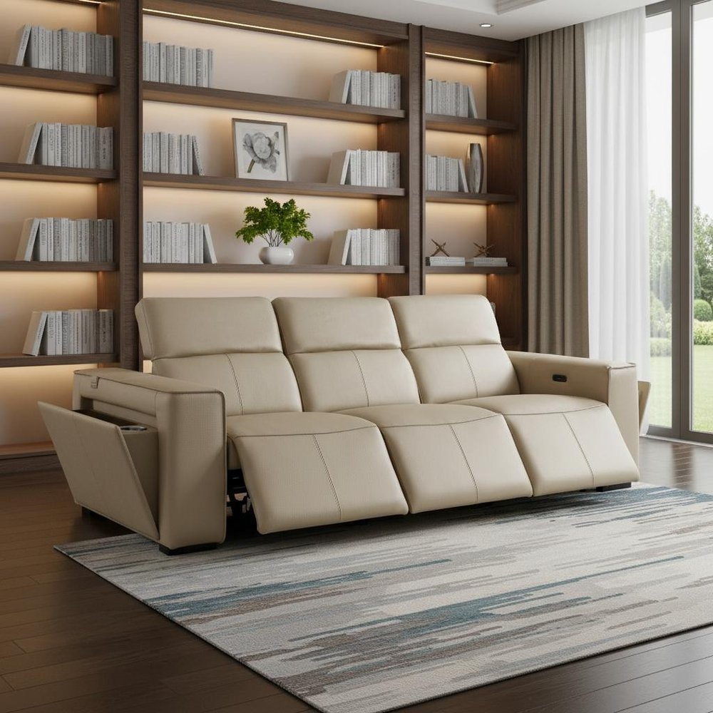 104" Chestnut Italian Leather Reclining USB Sofa And Storage