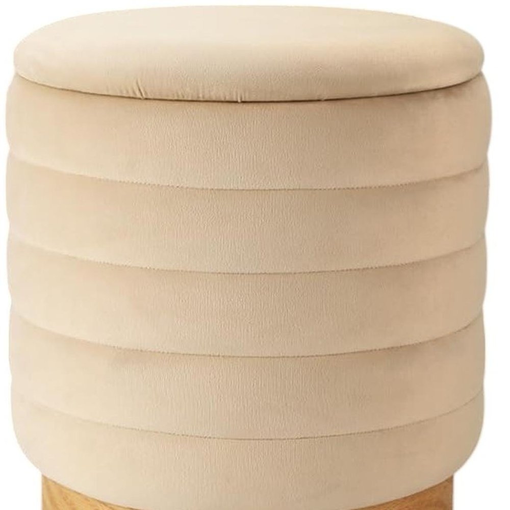 16" Beige And Natural Velvet Tufted Cylinder Ottoman With Storage