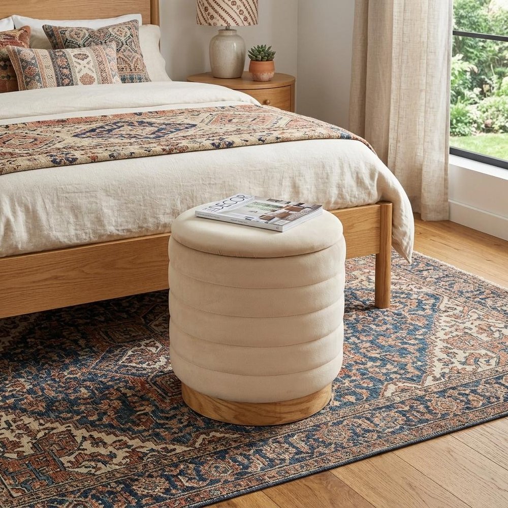 16" Beige And Natural Velvet Tufted Cylinder Ottoman With Storage