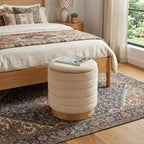 16" Beige And Natural Velvet Tufted Cylinder Ottoman With Storage